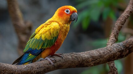 Obraz premium A Colorful Parrot Perched on a Branch Surrounded by Lush Greenery, Showcasing Its Vibrant Plumage with Bright Hues of Orange, Yellow, Green, and Blue Feathers