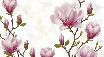 Delicate pink magnolia flowers and buds blooming on branches with a soft, abstract background