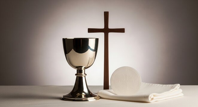 Communion elements eucharist chalice host and cross for christian religious ceremony and tradition background