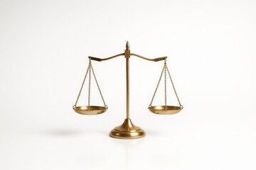 Golden justice scales balanced on pristine white studio background symbolizing law fairness and legal decision making with elegant minimal reflections