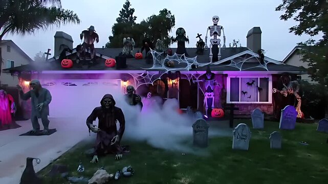 Epic wide shot of a suburban house adorned with an elaborate Halloween display, featuring animatronic ghouls, a fog machine, and dramatic purple and orange lighting.