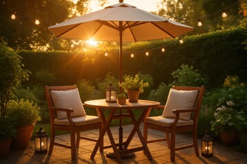 Fototapeta premium Cozy backyard retreat with wooden garden table chairs and parasol under warm evening light inviting home outdoor living scene with lush greenery