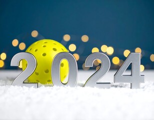 Silver numerals 2024 on snow, with a yellow ball