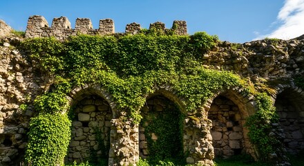 Ancient stone walls, overgrown with vibrant green vines, display a series of arched openings under a clear, sunny sky.