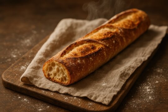 Golden crust French baguette resting on rustic linen with flour dust steam and crumbs artisan bakery mood warm appetizing food photography