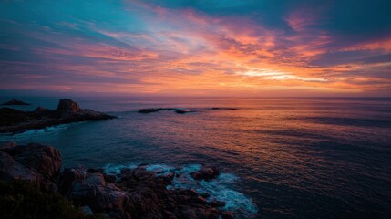 Fototapeta premium Stunning Ocean Sunset: A Colorful Sky Over Calm Waters and Rocky Shores Capturing the Beauty of Nature's Evening Palette