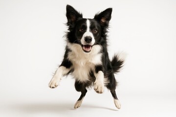 Joyful border collie leaping mid air isolated on pure white studio background dynamic action portrait with flying fur and playful expression high speed freeze