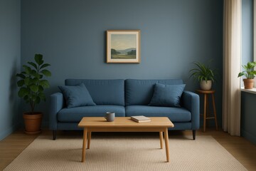 Fototapeta premium Serene living room with calming blue walls matching sofa and accents soft daylight greenery and layered textures creating a peaceful Scandinavian inspired retreat