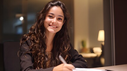 Smiling woman taking notes in an office environment, possibly at night. A modern setting illuminated by the lamps.