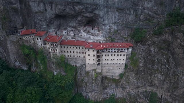 Aerial Drone View of Sumela Monastery in the Misty Mountains of Trabzon, Turkey