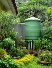 Obraz premium A Lush Tropical Garden Featuring a Green Water Storage Tank Surrounded by Vibrant Foliage and Rich Biodiversity in a Serene Environment