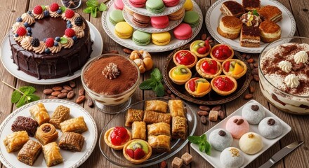 Delicious pastry selection includes cakes, assorted cookies and delicate macarons. This pastry selection features tasty desserts, baklava and fruit tarts, all arranged artfully on a wood background.