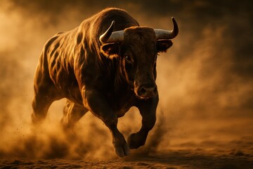 Powerful charging bull kicking up dust in dramatic golden hour light muscular animal energy symbol strength dynamic action