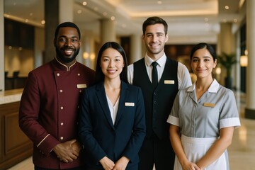 Professional hotel concierge and housekeeping team in elegant lobby smiling in unified uniforms hospitality service concept group portrait