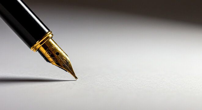 Gold fountain pen tip about to write on a white paper