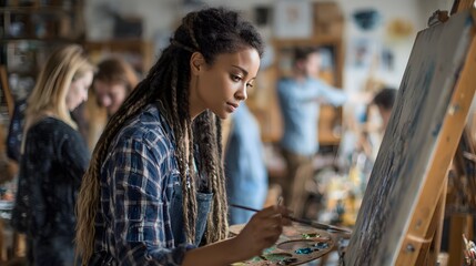A focused artist with braids, wearing a plaid shirt, paints on canvas in a bright studio surrounded by other artists and their easels.
