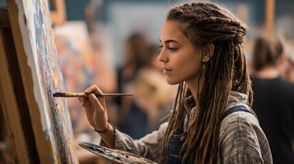 A young artist with dreadlocks, immersed in painting a canvas, showcasing creativity and focus in an artistic environment.