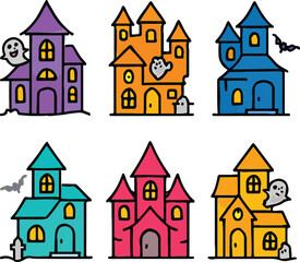 Colorful Halloween Haunted House Icon Pack: Set of 6 Different Spooky House Illustrations with Unique Designs on a White Background
