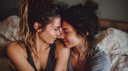 Two women in casual attire embrace with foreheads touching, expressing love, comfort, and closeness in a soft, intimate setting.