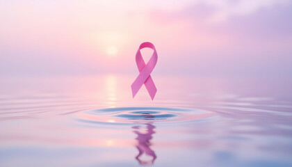 pink ribbon floating above a reflective surface of water