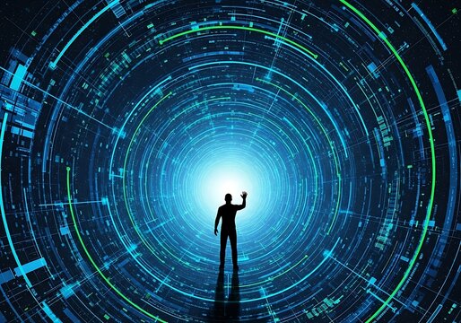 A silhouette figure stands in a vibrant digital tunnel, bathed in swirling blue and green light, towards a central bright light source. - Powered by Adobe