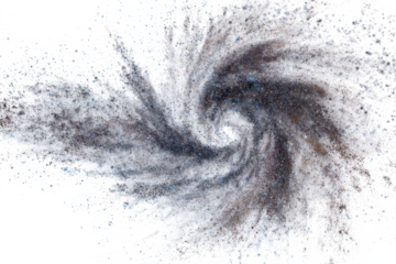 A swirling vortex of dark grey dust or powder against a stark white background, creating a dynamic and abstract visual effect.