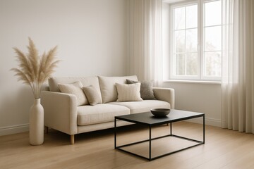 Scandinavian minimalist living room interior with natural wood neutral textiles and large window soft daylight stylish 3D render background