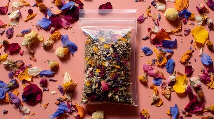 Aromatic medley of dried flowers and herbs displayed inside a clear bag, surrounded by loose petals on a soft pink backdrop.