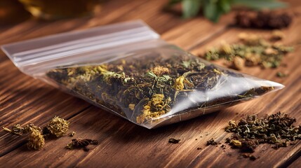 Dried herbs and flowers in a plastic bag, scattered on a warm-toned wooden surface, evoking nature's essence and organic themes.