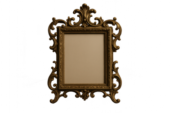 Antique baroque gold frame with ornate filigree and patina on dark velvet backdrop elegant empty border for artwork photography or mockup