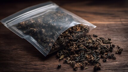 Plastic bag with loose, dried tea leaves spilled on a rustic wooden surface creating a cozy and inviting atmosphere for relaxation.
