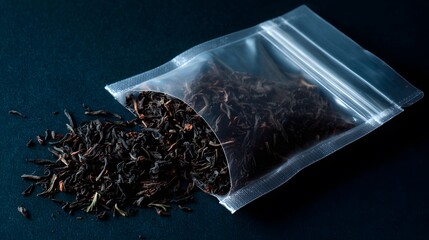 Dried tea leaves spill from a clear plastic bag on a dark surface, showcasing their rich color and texture against the stark background.