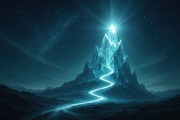 Surreal crystalline mountain under star filled sky with a glowing switchback path winding to a radiant summit atmospheric glow and dreamy landscape
