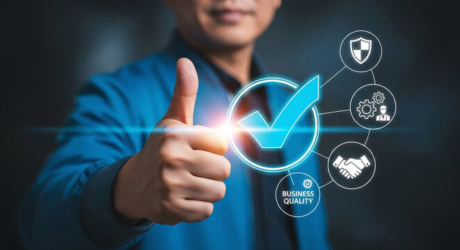 Businessman giving thumbs up with check mark surrounded by assurance icons illustrating business quality control and customer satisfaction guarantees for trust and reliability and high performance 