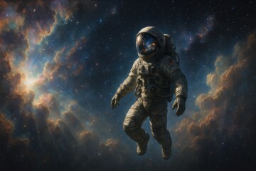 Fototapeta premium Celestial astronaut drifting through radiant nebula clouds luminous starfields and swirling cosmic dust cinematic space art with vibrant spectral colors
