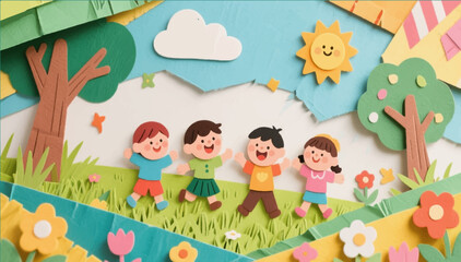 An illustration of an application in the style of children's creativity cut out with scissors from colored paper depicting children playing in the park. Vector graphics. EPS.