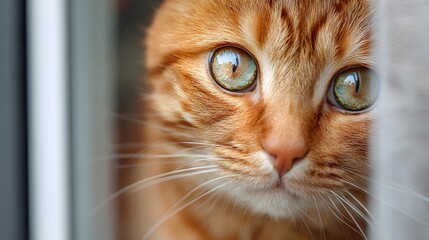 Intense close-up of an orange tabby cat gazing intently, its striking green eyes reflecting the surrounding environment. Whisker details standout.