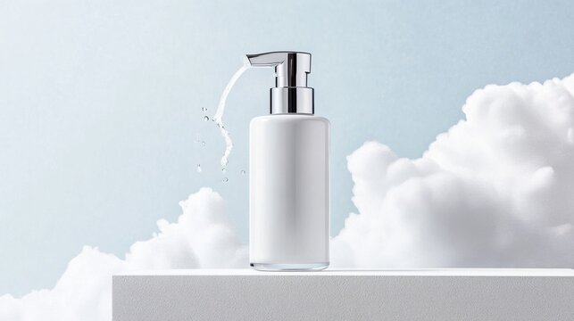 Elegant white spray bottle with fine mist release, multiple nozzles, illustrating antibacterial power of hypochlorous acid, fresh water droplets on clean sterile background.