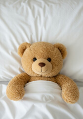 A light brown teddy bear with dark eyes and a friendly expression is nestled in a white bed, creating a calming atmosphere.