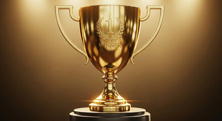 Golden trophy cup on a podium symbolizing victory and achievement representing success in competition and recognizing exceptional performance with a prestigious award