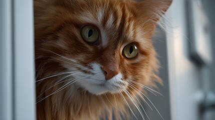 A captivating close-up showcases a ginger tabby cat with striking yellow-green eyes, framed by soft fur and delicate white whiskers.