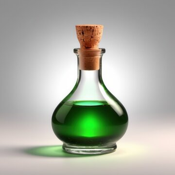 Vibrant green magic potion or fantasy elixir in a glass bottle with a cork stopper