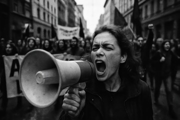 Black and white street protest with woman shouting through megaphone environmental activism energy gritty urban movement and civic voice