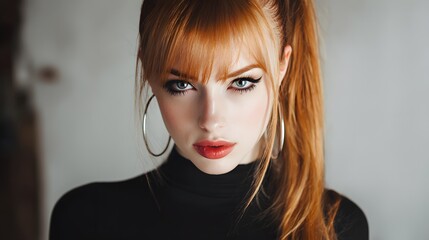 Fototapeta premium Portrait of a striking woman with vibrant red hair, captivating blue eyes, and a poised expression against a neutral backdrop. 