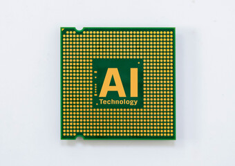 AI-labeled microchip from backside with gold contact points, isolated on clean white background for tech concept use.