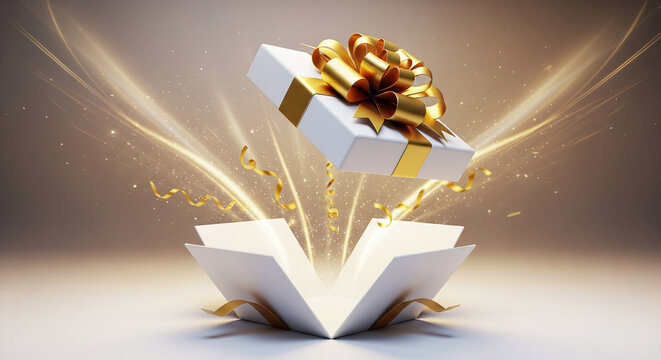 Magical Surprise Gift Box Opening with Golden Light and Ribbon Revealing Presents and Happiness Celebration for Holiday Cheer and Special Occasion Giving - Powered by Adobe