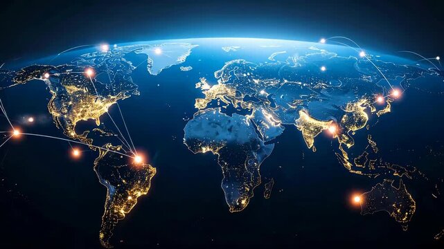 Global network connecting cities across the world, depicting globalization, communication, and technology reaching every continent on Earth.