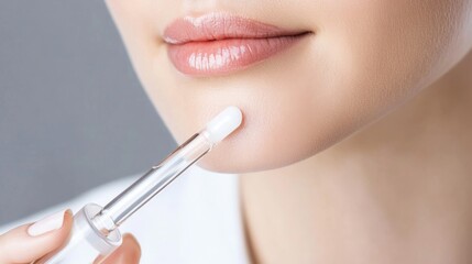 A woman applies an exfoliating serum using a glass dropper. The luminous texture shines on her skin, while a soft abstract backdrop suggests advanced cosmetic science.