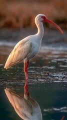 A graceful white bird stands in shallow water, its reflection shimmering beneath, creating a serene and symmetrical natural portrait. 