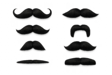 Set of realistic black mustache styles isolated on clean white background barber icon collection hipster facial hair silhouettes for design mockups and branding